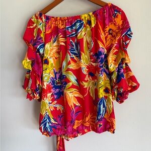 CeCe Women Red Tropical Floral Ruffle Sleeve Off Shoulder Blouse Medium
